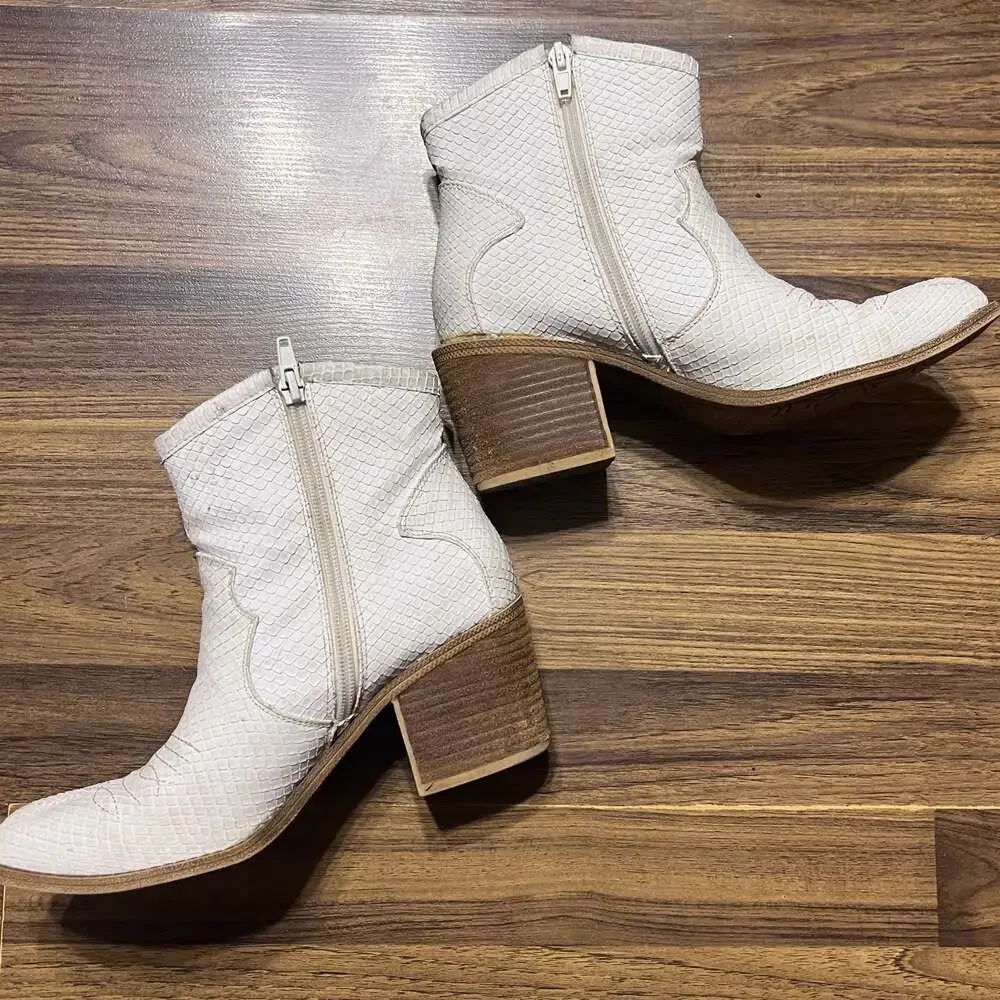 Dirty Laundry Unite White Snake Embossed Block Heel Western Ankle Boots